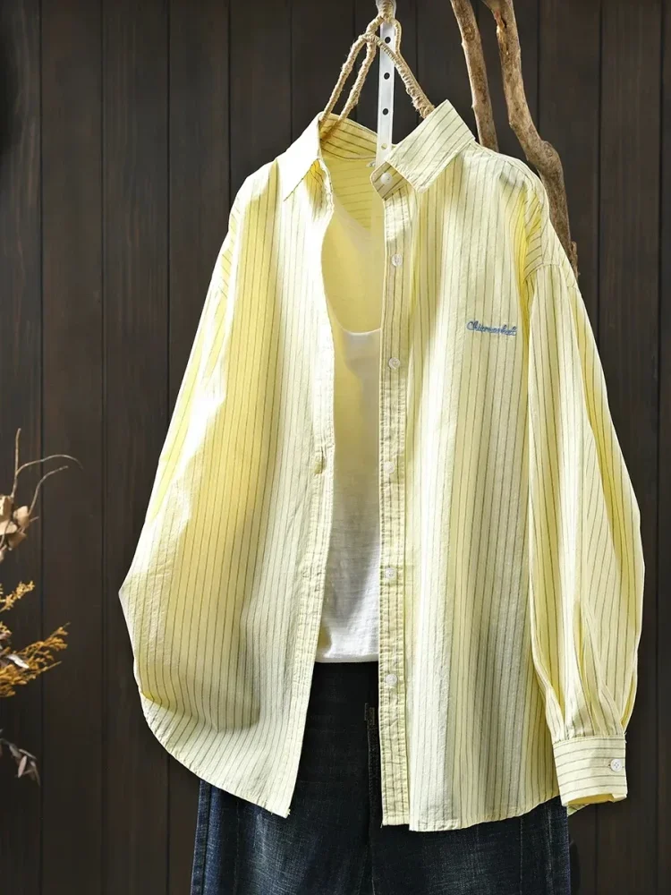 CHICMORE Atasan kemeja basic lengan panjang kerah motif garis-garis cute dengan desain trendy