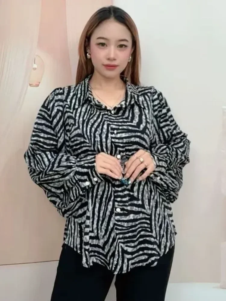 ASAYA Atasan kemeja lengan panjang motif printed hitam untuk wanita