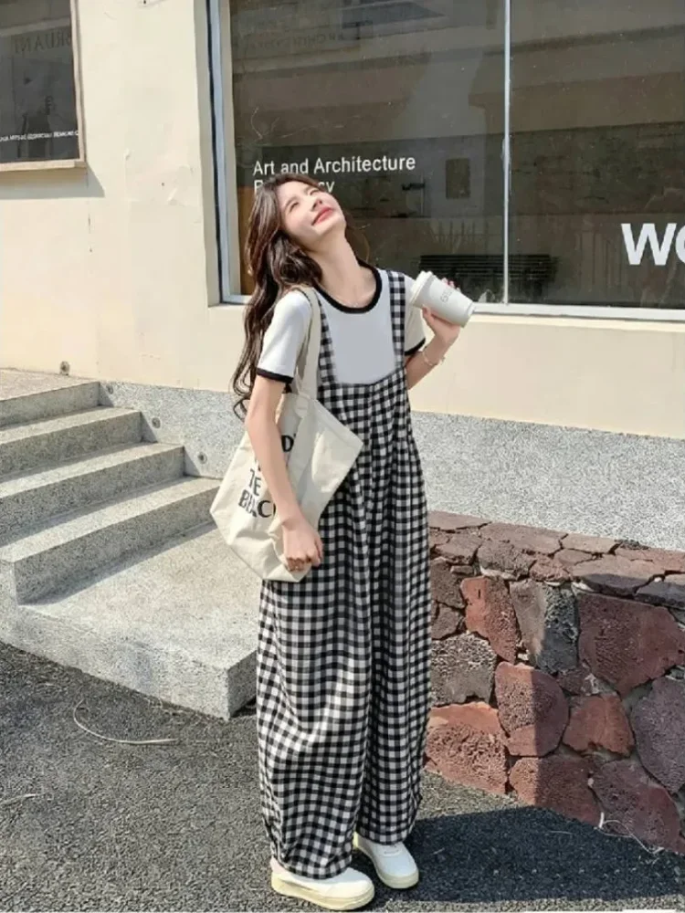 ASAYA Celana panjang wanita motif plaidb patchwork korean style