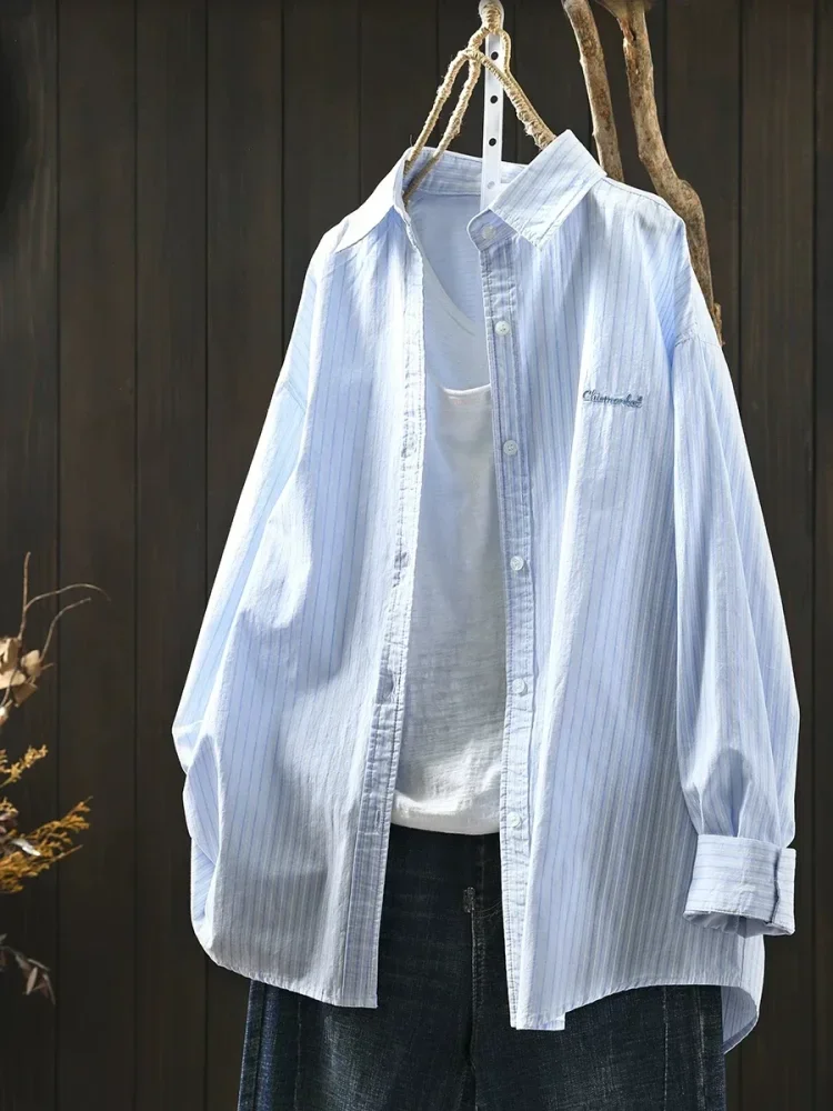 CHICMORE Atasan kemeja basic lengan panjang kerah motif garis-garis cute dengan desain trendy