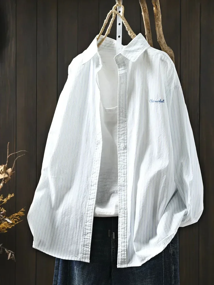 CHICMORE Atasan kemeja basic lengan panjang kerah motif garis-garis cute dengan desain trendy
