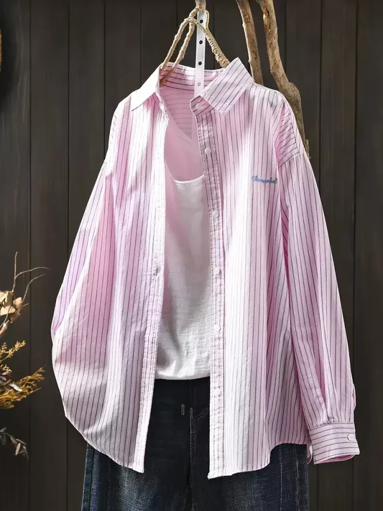 CHICMORE Atasan kemeja basic lengan panjang kerah motif garis-garis cute dengan desain trendy