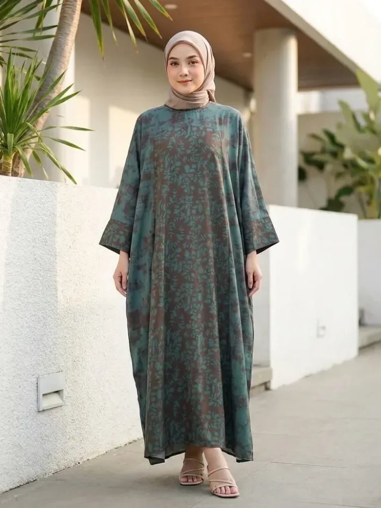 ASAYA Gaun berleher bulat dengan desain patchwork bermotif hijau,