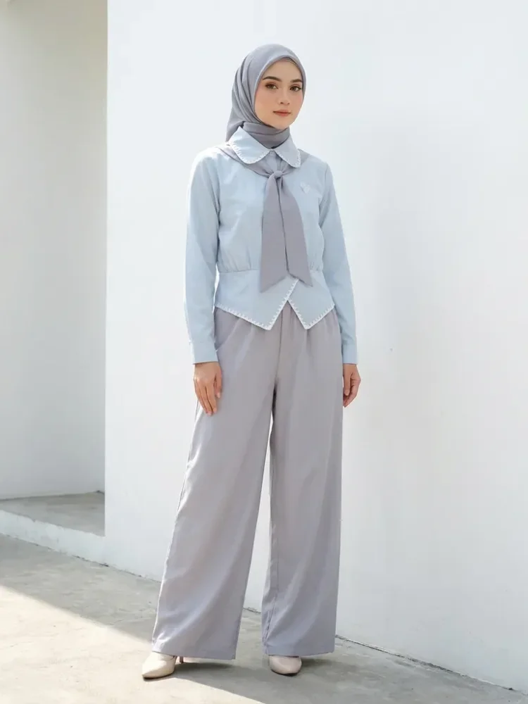 ASAYA Setelan hijab wanita dengan kerah leher pita & rempel scallop | lengan balon kontras warna
