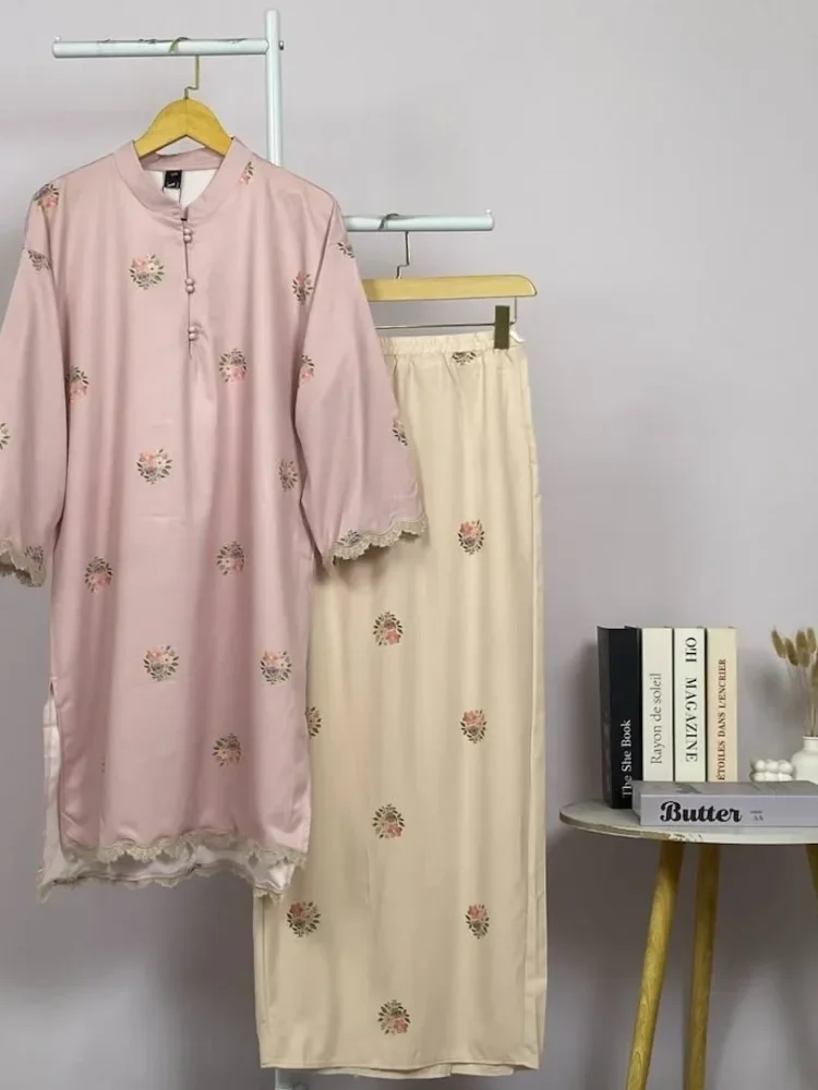 ASAYA Setelan wanita 2in1 blouse lengan panjang motif print kombinasi bunga + rok panjang highwaist elegan model kekinian
