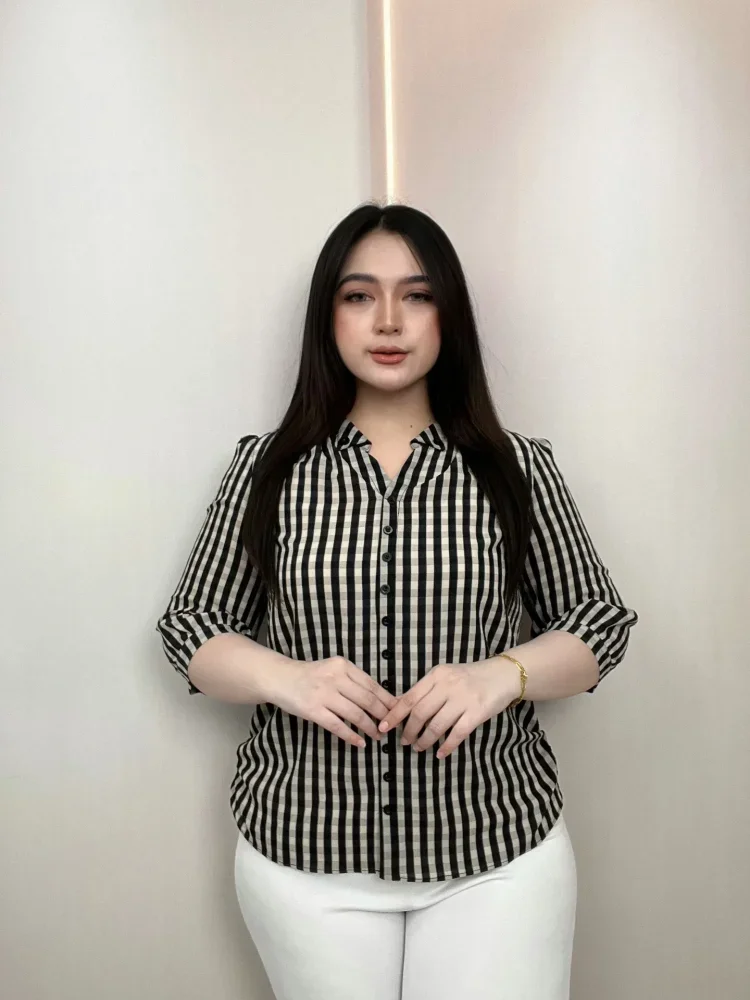 FADFAD Atasan wanita lengan panjang dengan motif kotak-kotak dengan gaya kasual