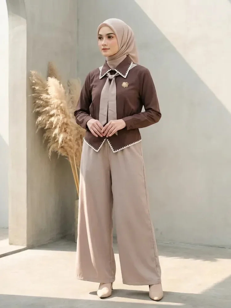 ASAYA Setelan hijab wanita dengan kerah leher pita & rempel scallop | lengan balon kontras warna