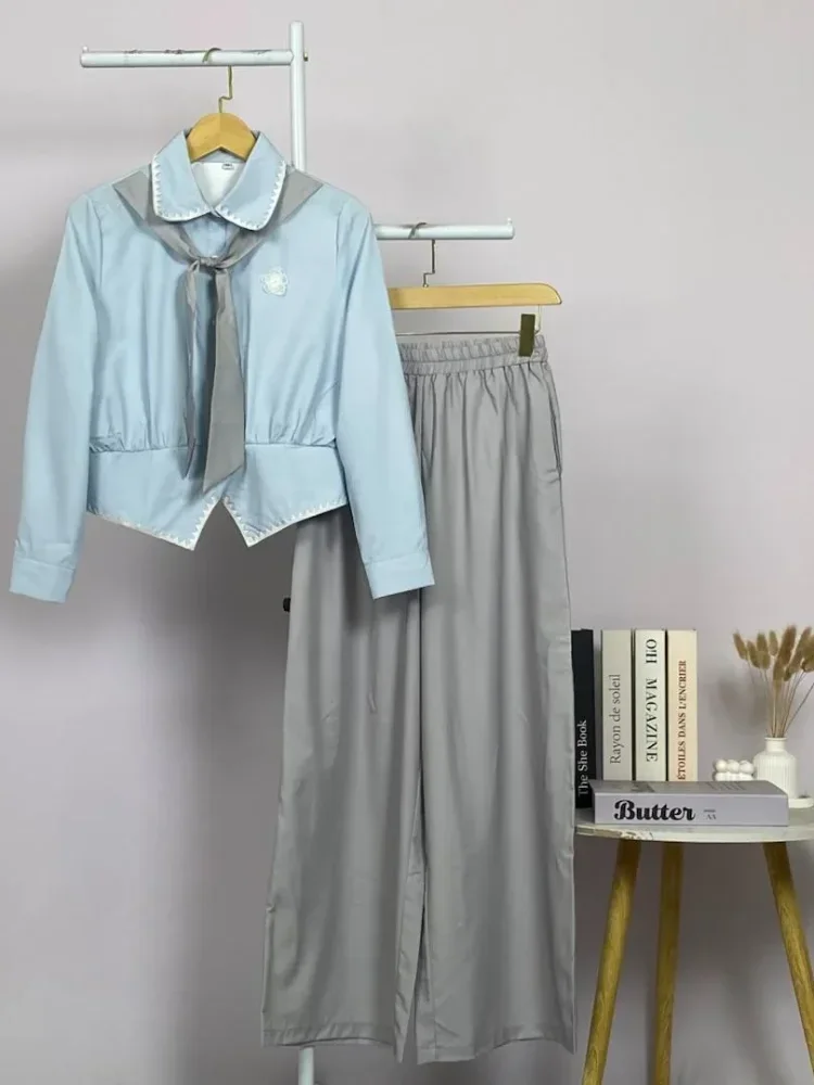 ASAYA Setelan hijab wanita dengan kerah leher pita & rempel scallop | lengan balon kontras warna