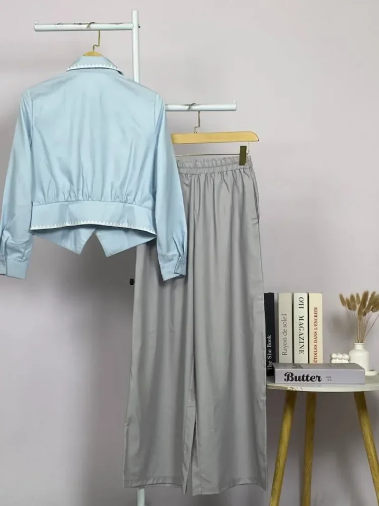 ASAYA Setelan hijab wanita dengan kerah leher pita & rempel scallop | lengan balon kontras warna