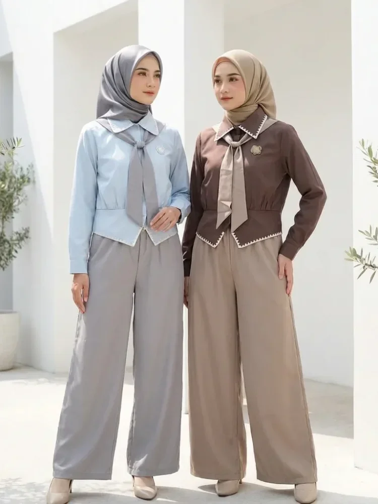 ASAYA Setelan hijab wanita dengan kerah leher pita & rempel scallop | lengan balon kontras warna