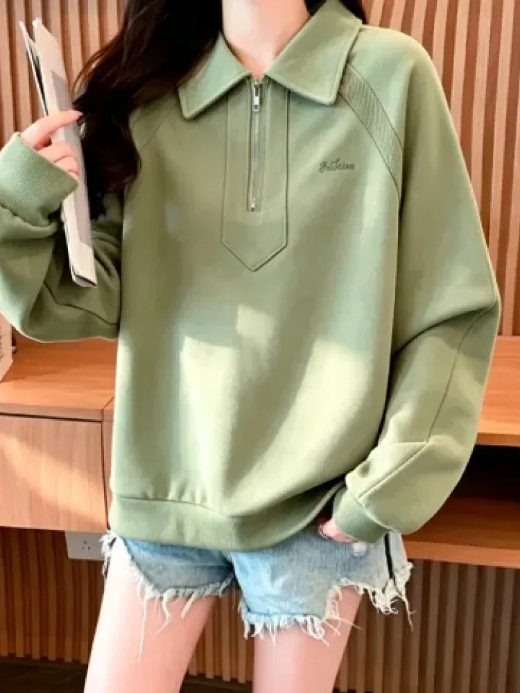 CHICMORE Atasan sweater wanita berkerah dan half zipper bergaya simple kasual