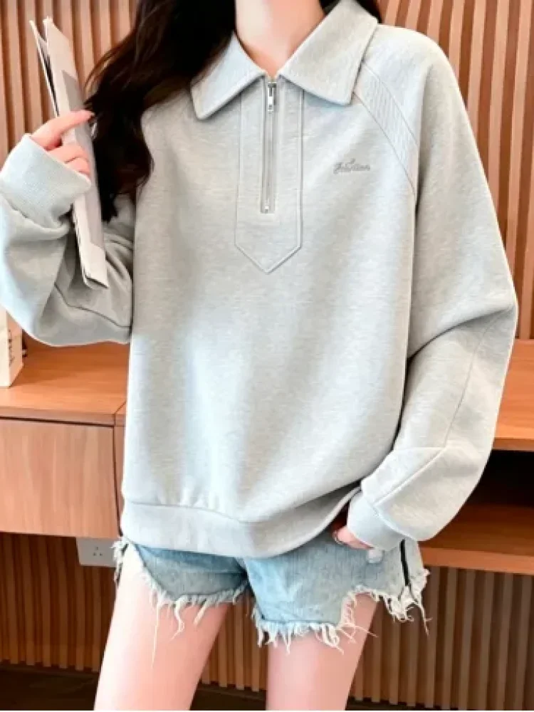 CHICMORE Atasan sweater wanita berkerah dan half zipper bergaya simple kasual