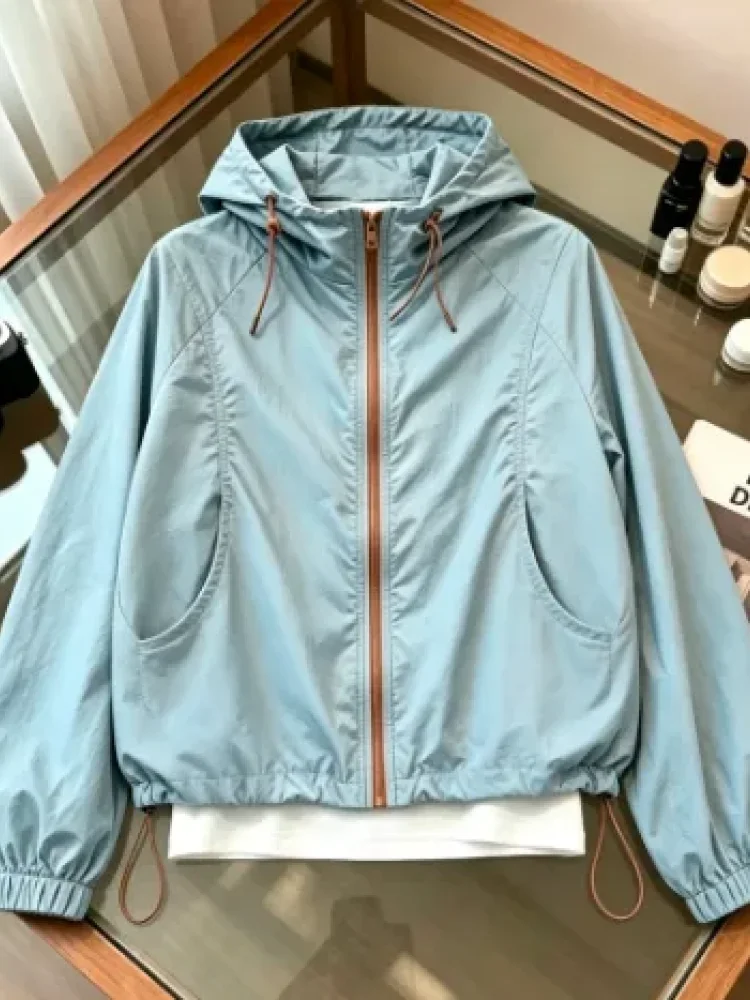 CHICMORE Atasan wanita jaket lengan pajang dengan zipper model hoded warna solid