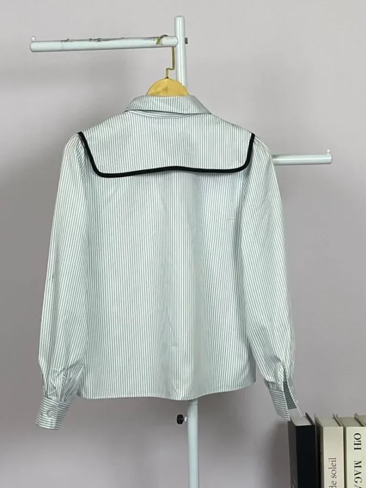 ASAYA Kemeja lengan panjang wanita dengan motif garis, desain kerah ganda yang pudar