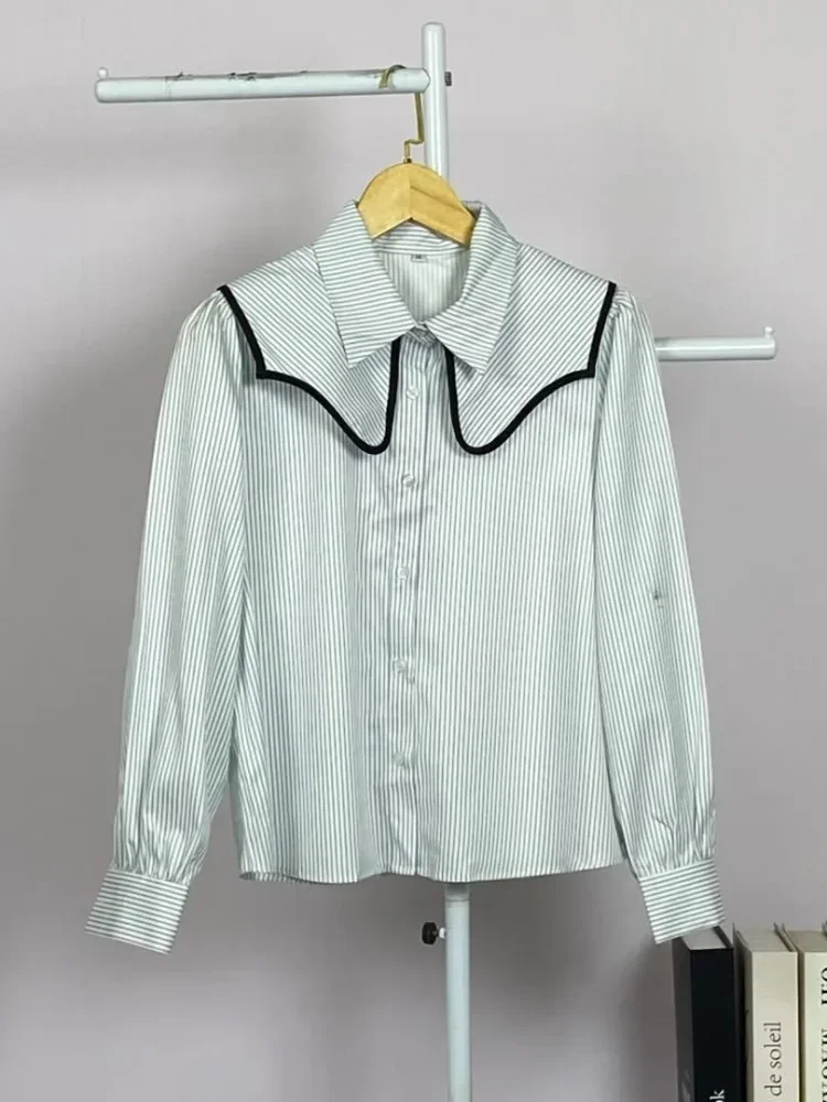 ASAYA Kemeja lengan panjang wanita dengan motif garis, desain kerah ganda yang pudar