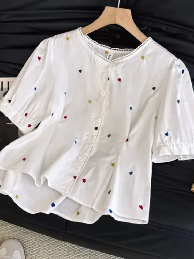 CHICMORE Atasan kemeja wanita lengan pendek model balon motif hati