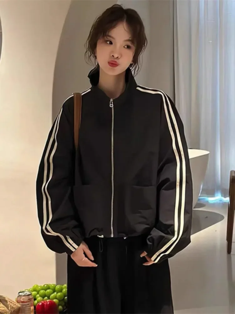 CHICMORE Jaket modis lengan panjang warna kontras gaya retro untuk wanita