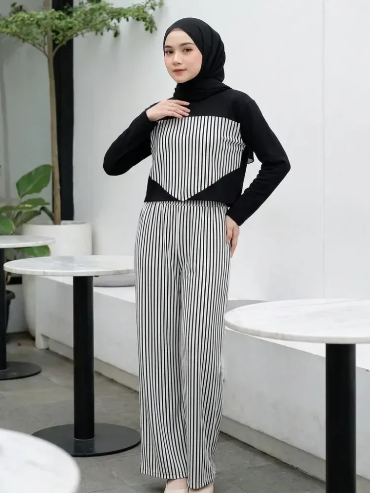ASAYA Setelan santai wanita terbaru, atasan lengan panjang gaya dua lapis palsu dipadukan dengan celana panjang bermotif