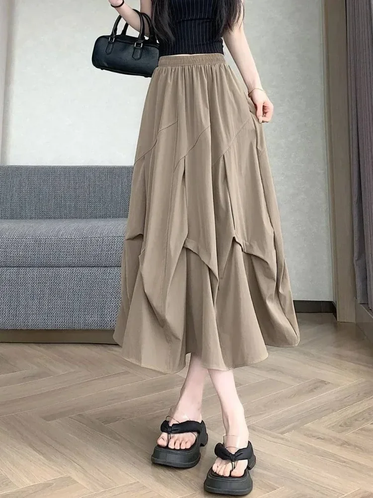 ASAYA Rok midi berwarna polos gaya elegan kekinian untuk wanita