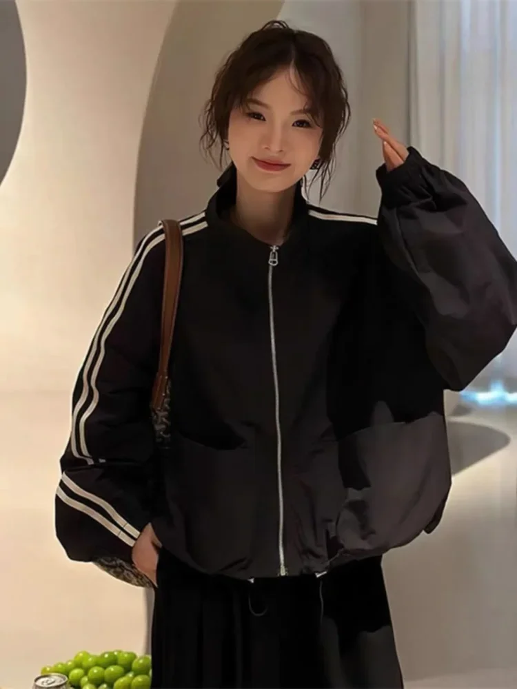 CHICMORE Jaket modis lengan panjang warna kontras gaya retro untuk wanita