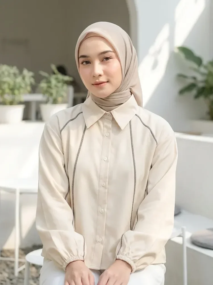ASAYA Kemeja lengan panjang wanita dengan kerah polo longgar, dihiasi garis-garis, warna polos