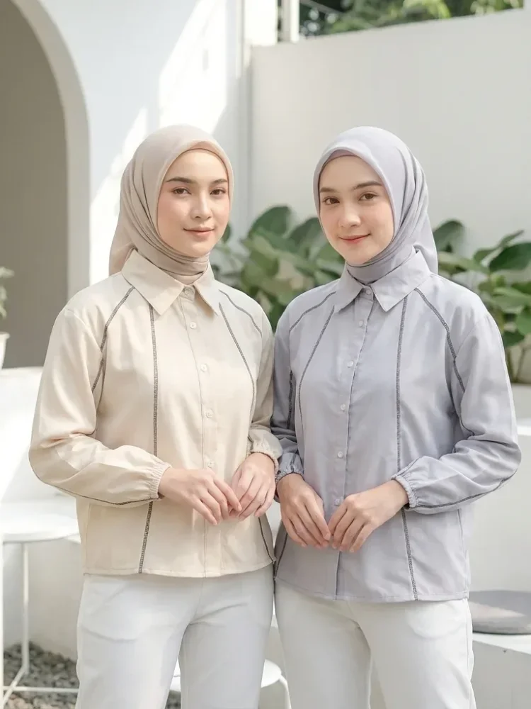 ASAYA Kemeja lengan panjang wanita dengan kerah polo longgar, dihiasi garis-garis, warna polos
