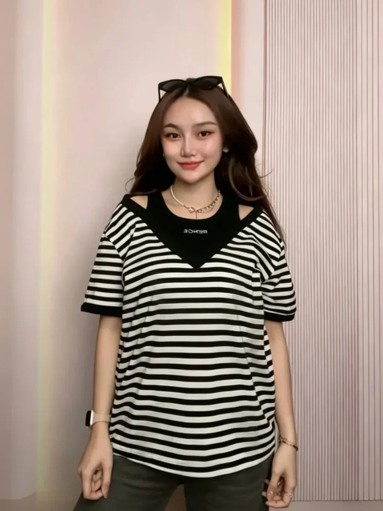 ASAYA Baju t-shirt dua potong motif garis-garis gaya korea lengan pendek chic untuk wanita