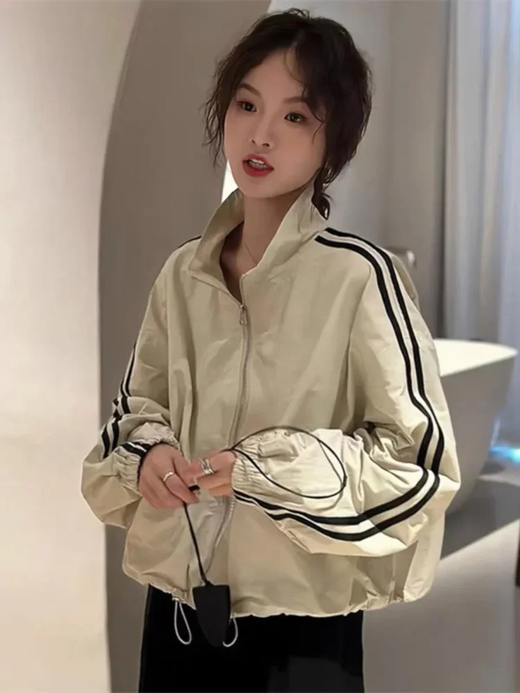 CHICMORE Jaket modis lengan panjang warna kontras gaya retro untuk wanita