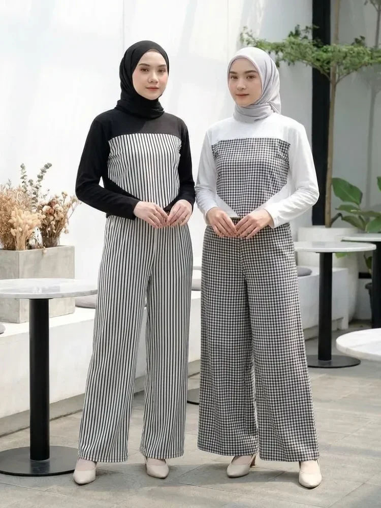 ASAYA Setelan santai wanita terbaru, atasan lengan panjang gaya dua lapis palsu dipadukan dengan celana panjang bermotif