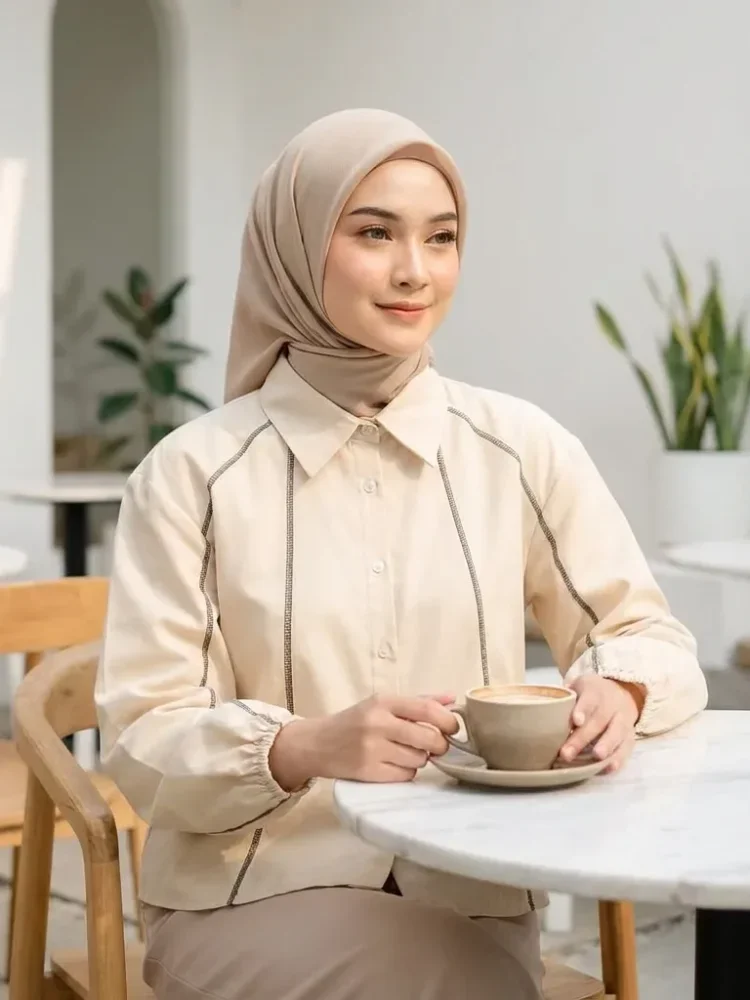 ASAYA Kemeja lengan panjang wanita dengan kerah polo longgar, dihiasi garis-garis, warna polos