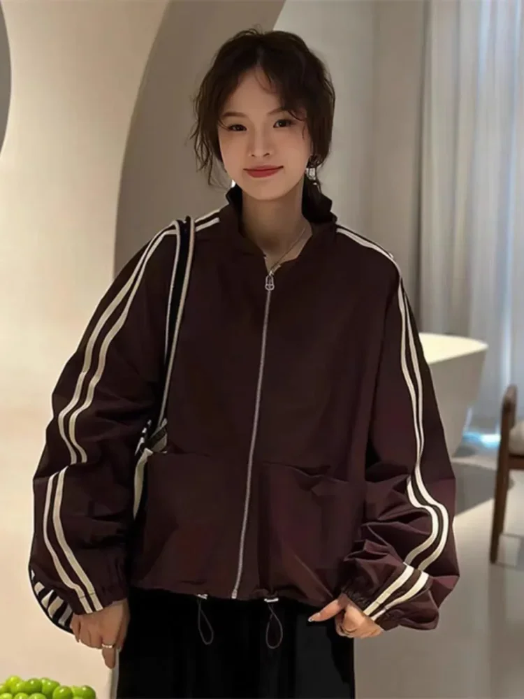 CHICMORE Jaket modis lengan panjang warna kontras gaya retro untuk wanita