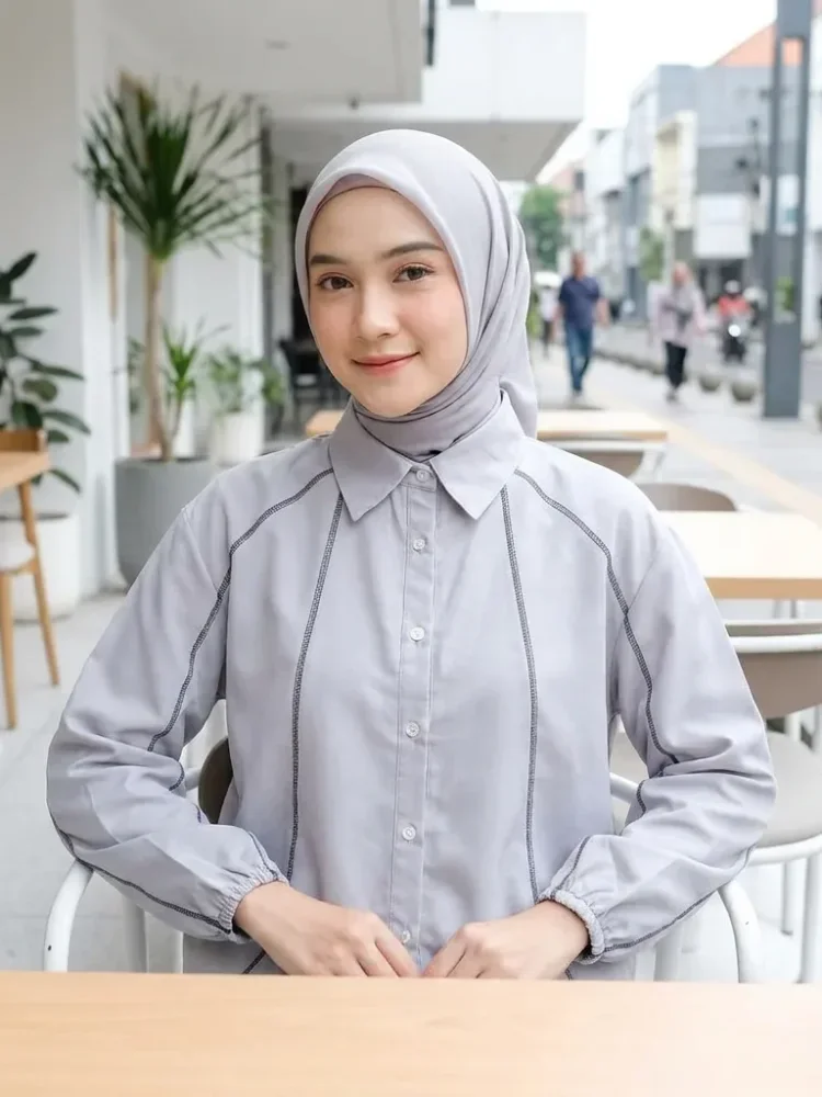 ASAYA Kemeja lengan panjang wanita dengan kerah polo longgar, dihiasi garis-garis, warna polos