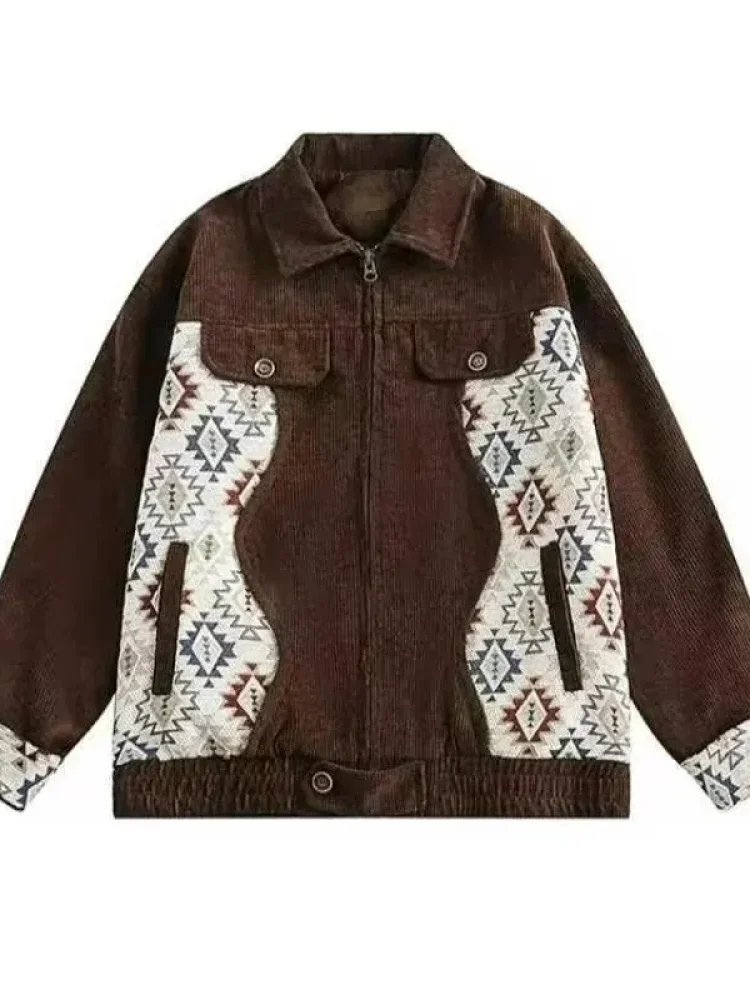 MODISH Atasan jaket pria motif retro dengan zipper lengan panjang