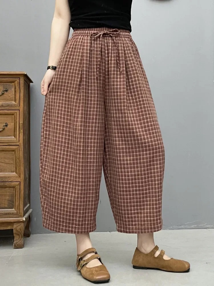 ASAYA Celana panjang wanita dengan motif kotak-kotak dan aksen pita manis