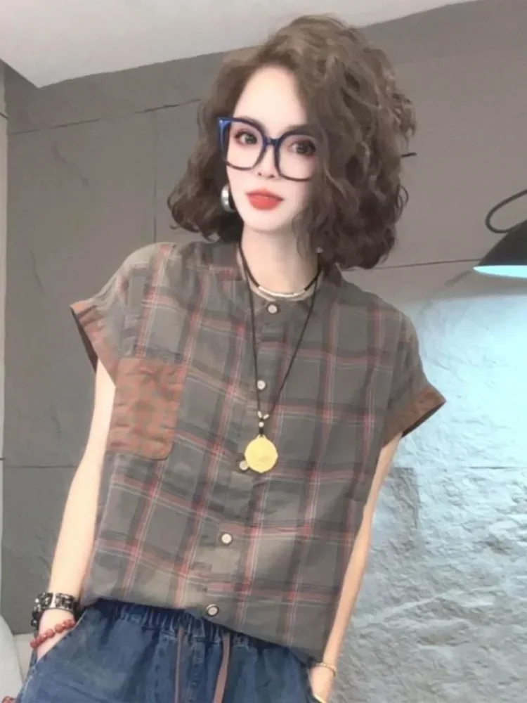 ASAYA Atasan wanita dengan kerah bulat lengan pendek bermotif simpel