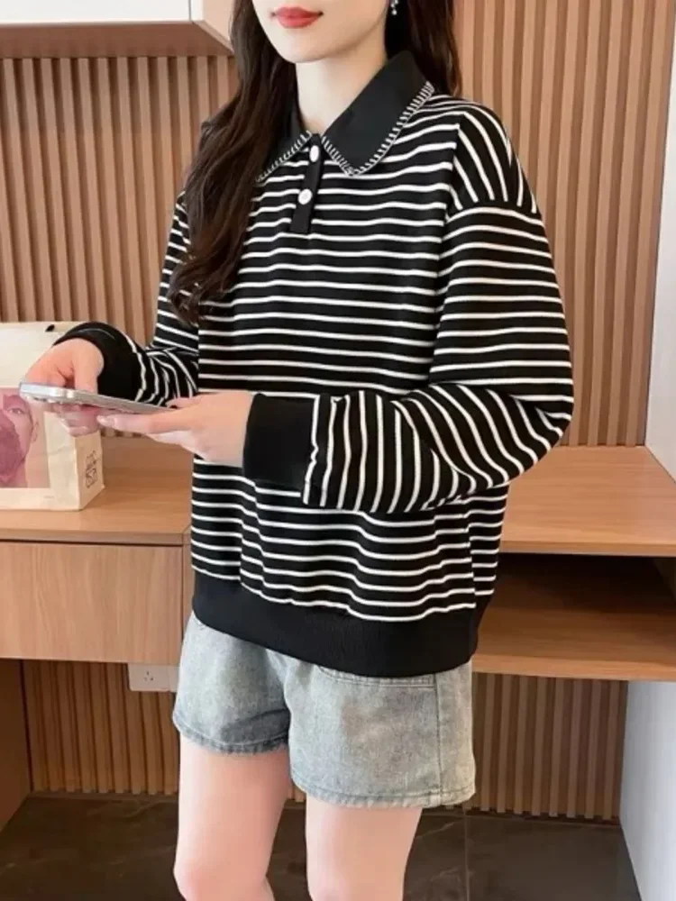 CHICMORE Atasan wanita lengan panjang striped dengan half button bergaya santai