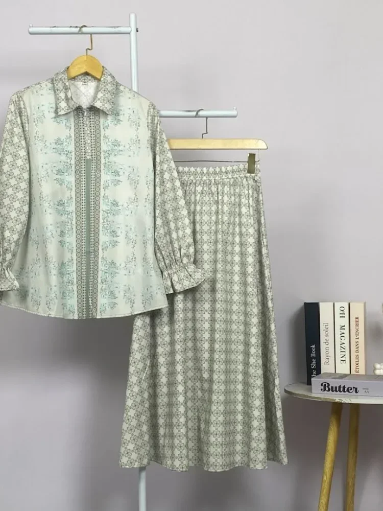 ASAYA Setelan wanita 2in1 blouse lengan panjang motif print kombinasi bunga + rok panjang highwaist elegan model kekinian