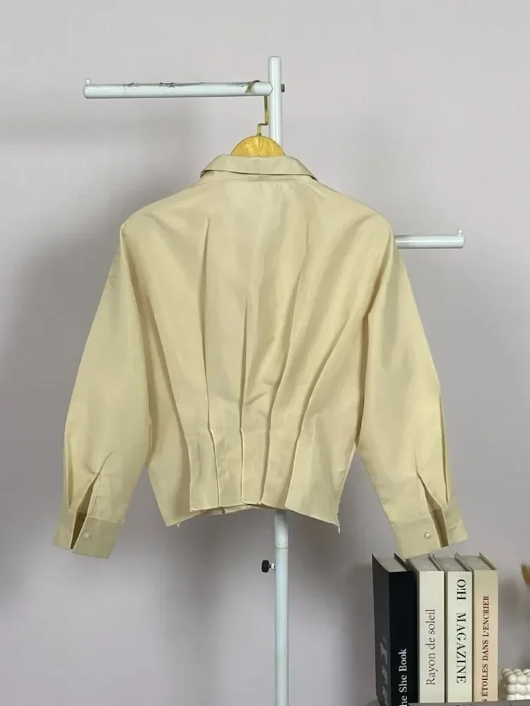 ASAYA Kemeja lengan panjang wanita, model sederhana, dengan desain lipit mewah dipadukan dengan celana panjang polos dalam satu set