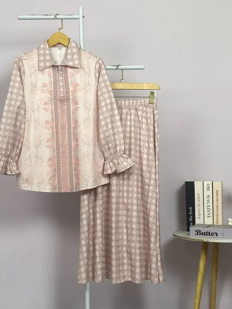 ASAYA Setelan wanita 2in1 blouse lengan panjang motif print kombinasi bunga + rok panjang highwaist elegan model kekinian