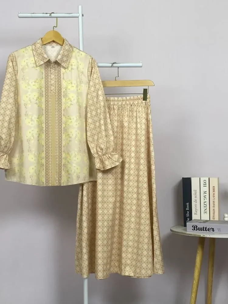 ASAYA Setelan wanita 2in1 blouse lengan panjang motif print kombinasi bunga + rok panjang highwaist elegan model kekinian