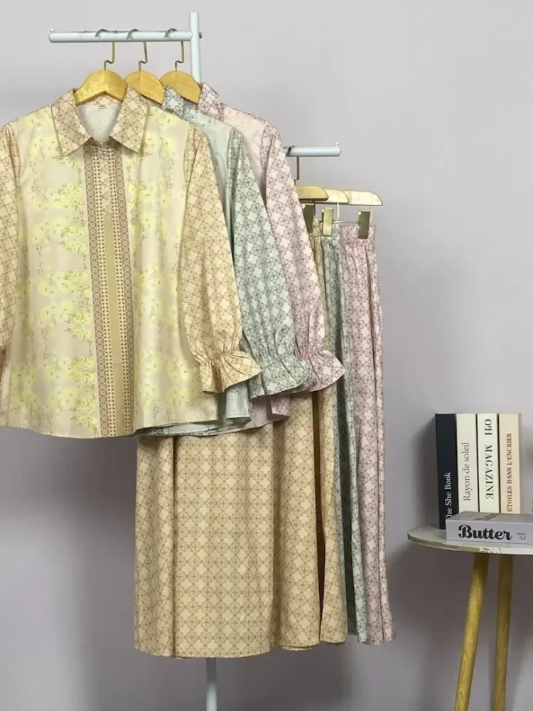 ASAYA Setelan wanita 2in1 blouse lengan panjang motif print kombinasi bunga + rok panjang highwaist elegan model kekinian