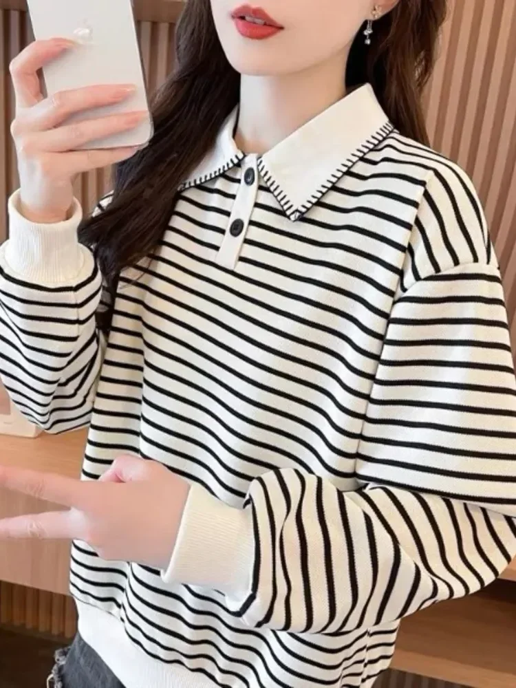 CHICMORE Atasan wanita lengan panjang striped dengan half button bergaya santai