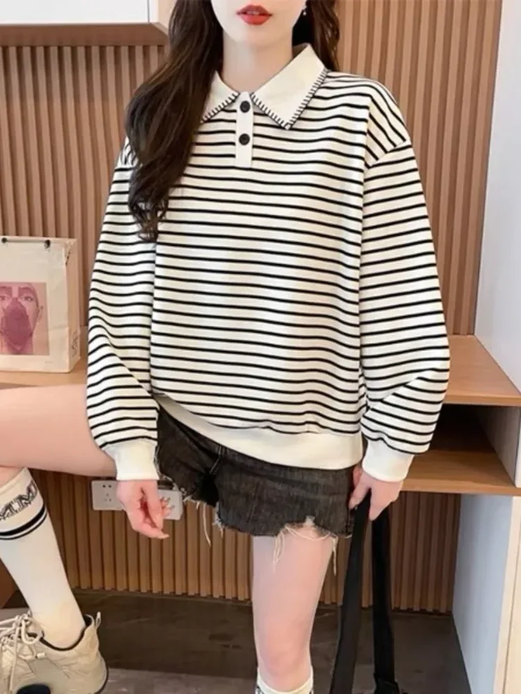 CHICMORE Atasan wanita lengan panjang striped dengan half button bergaya santai