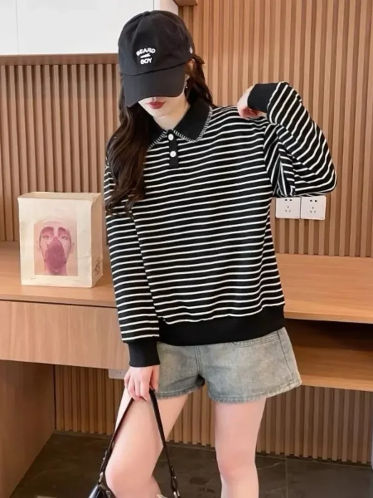 CHICMORE Atasan wanita lengan panjang striped dengan half button bergaya santai