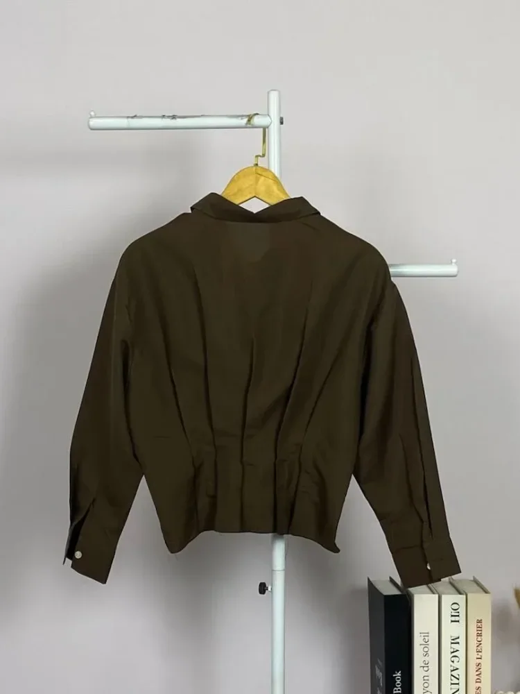 ASAYA Kemeja lengan panjang wanita, model sederhana, dengan desain lipit mewah dipadukan dengan celana panjang polos dalam satu set