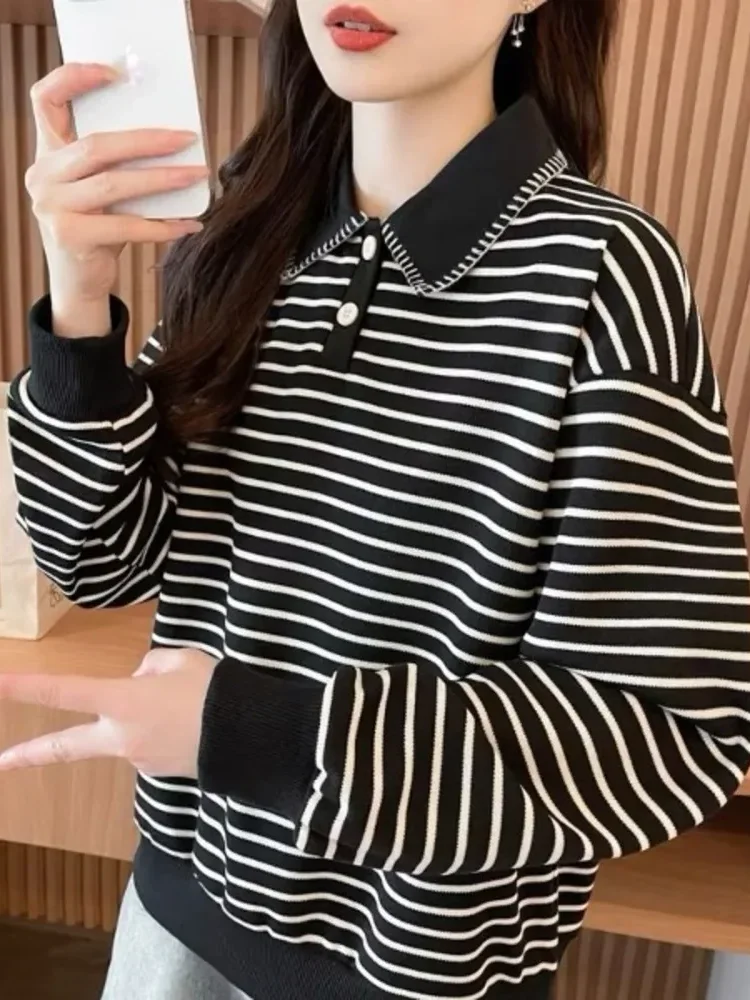 CHICMORE Atasan wanita lengan panjang striped dengan half button bergaya santai