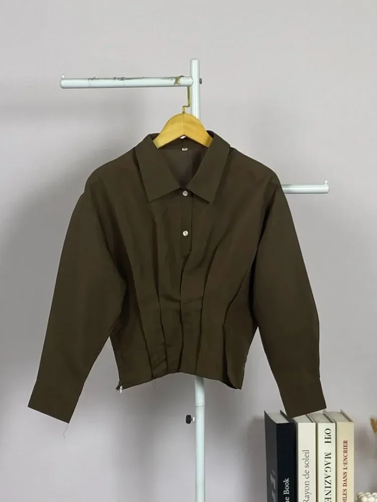 ASAYA Kemeja lengan panjang wanita, model sederhana, dengan desain lipit mewah dipadukan dengan celana panjang polos dalam satu set