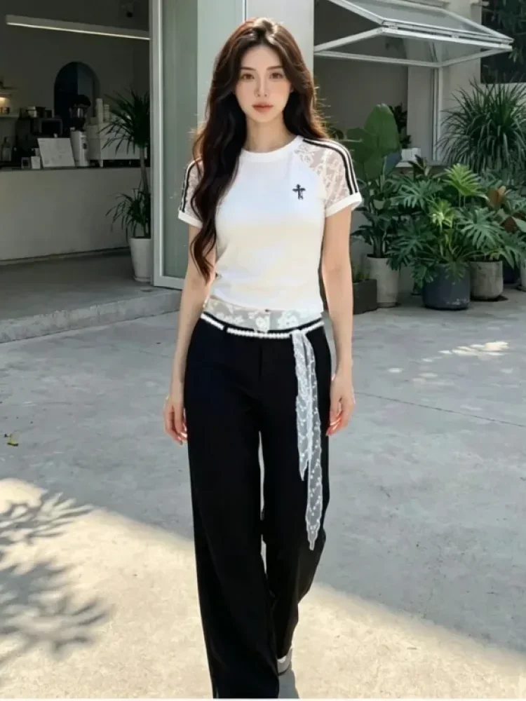 FADFAD Set kaos wanita lengan pendek berenda yang modis