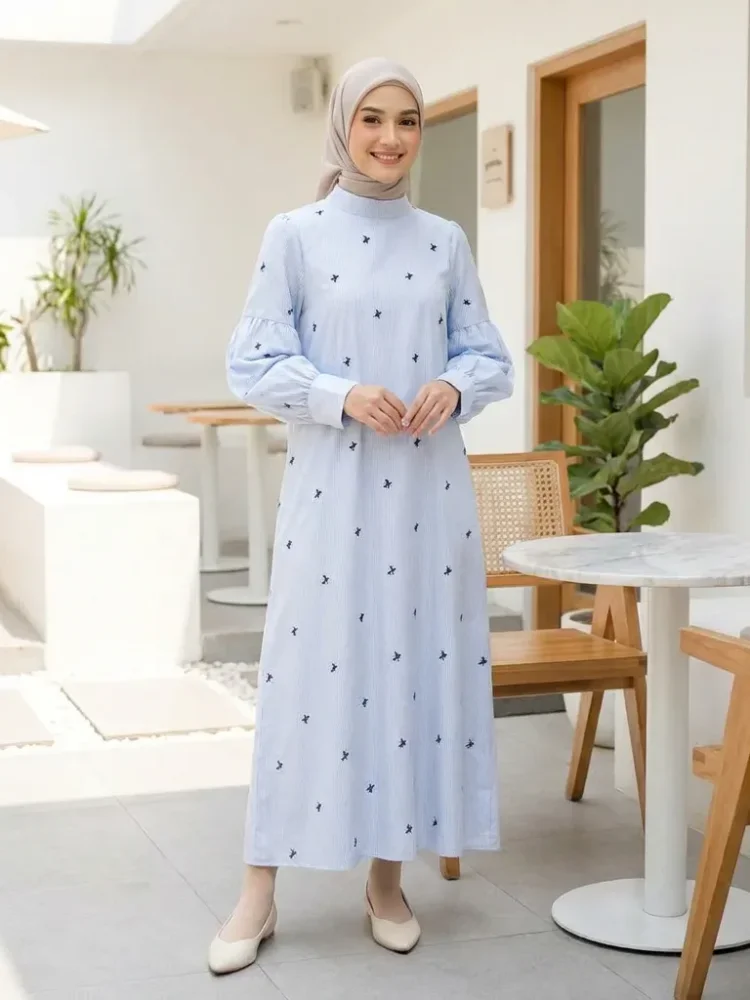 ASAYA Gaun elegan dengan motif posisi mode lengan panjang