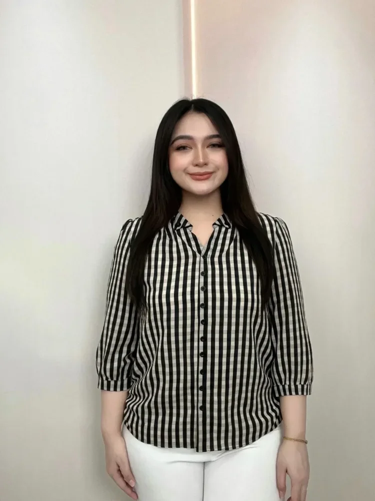 FADFAD Atasan wanita lengan panjang dengan motif kotak-kotak dengan gaya kasual